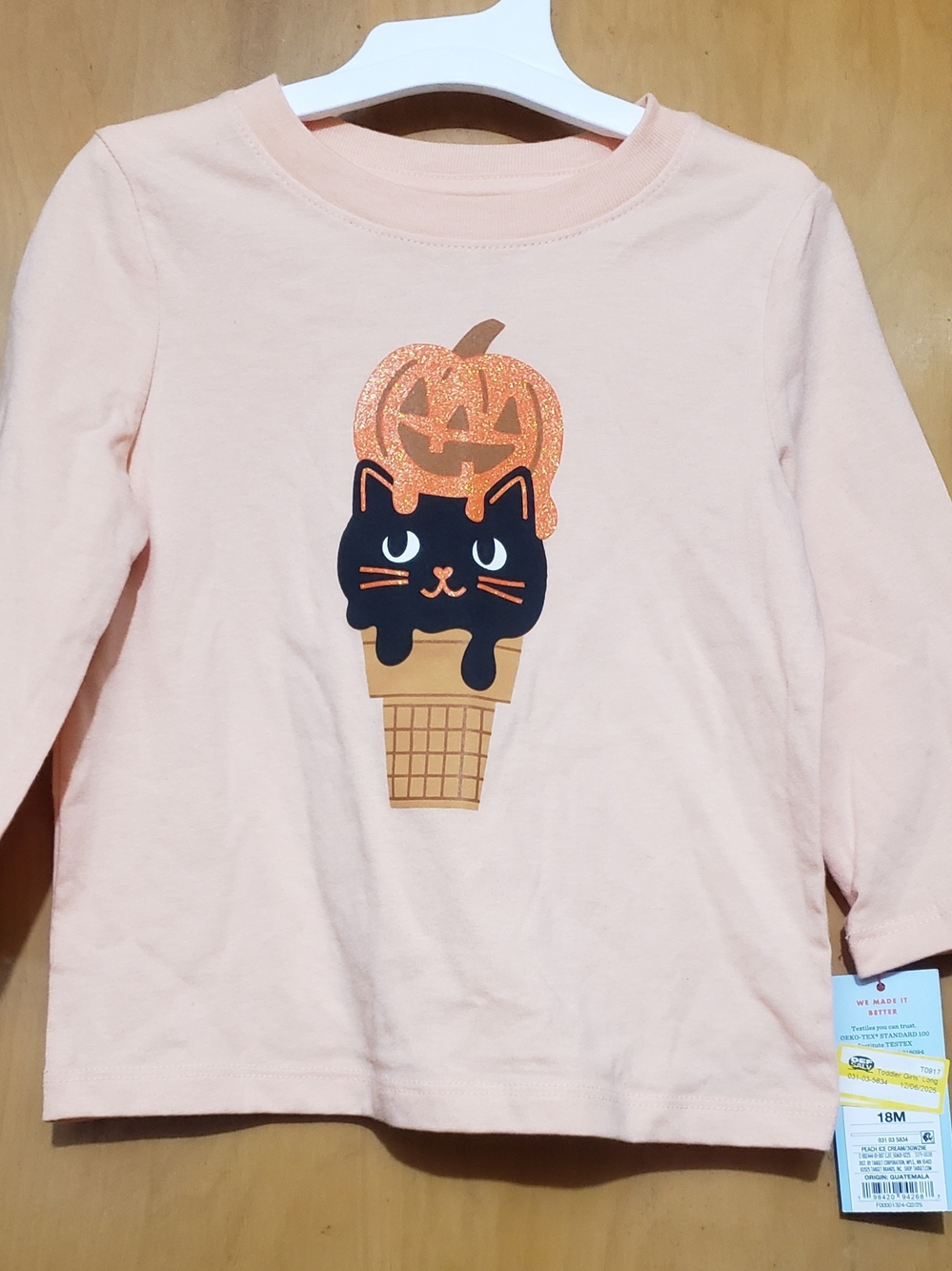 Cat & Jack Peach Long Sleeve Tee with Black Cat & Orange Pumpkin Graphic